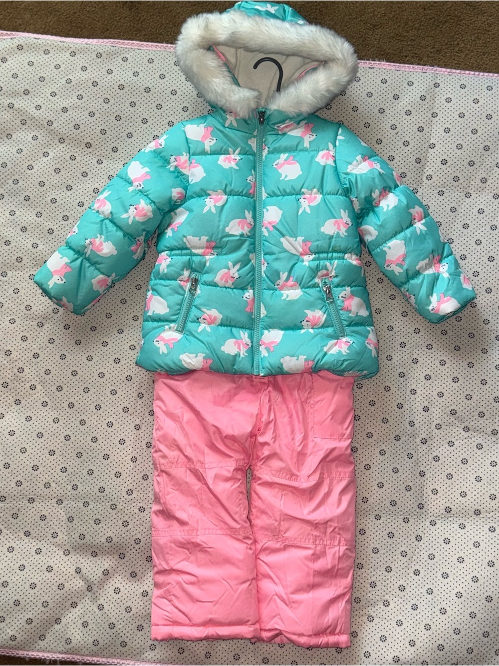 Carter’s Girls 4T Bunny Puffer Jacket & Snow Bib Snowsuit Set Pink Teal
